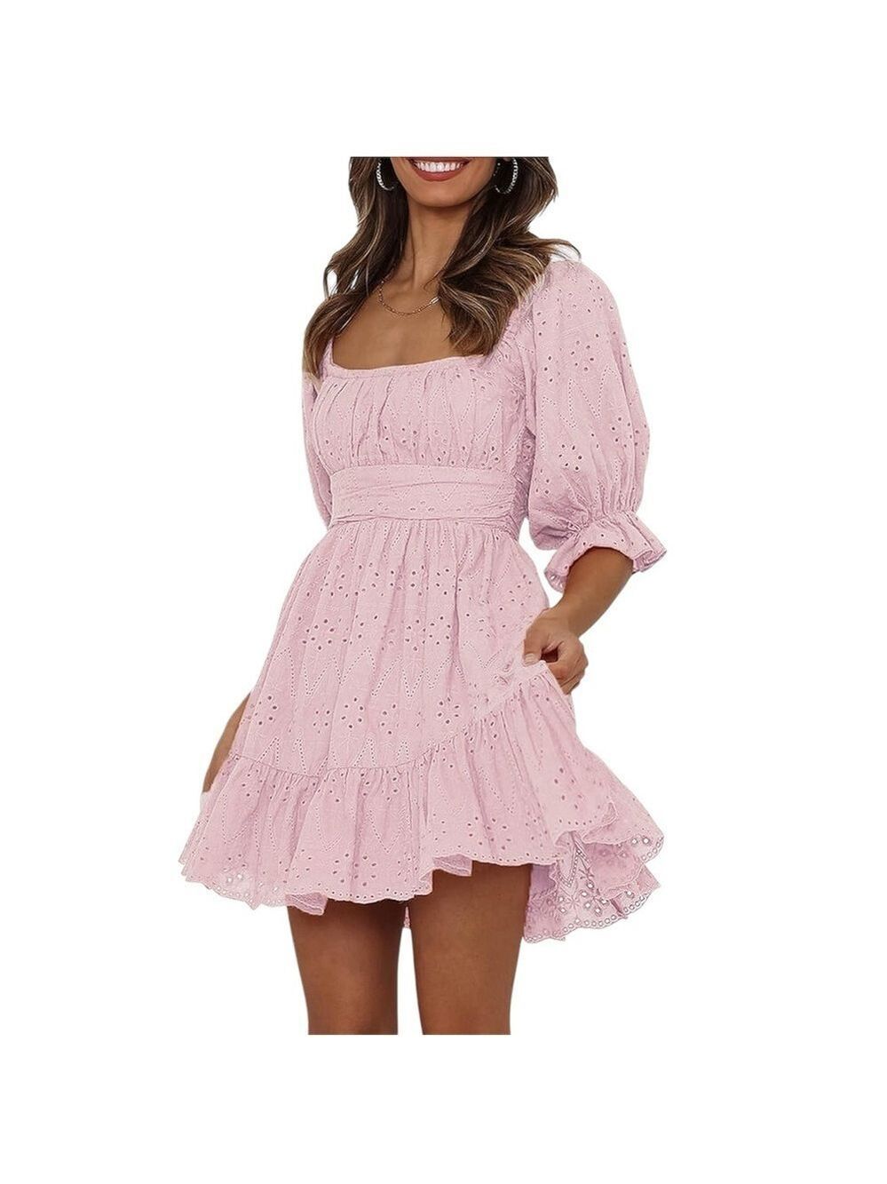 Pretty Garden Eyelet Overlay Short Puff Sleeve Ruffle Hem Babydoll Boho Dresses